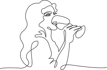 Wall Mural - girl drinks wine or champagne from glass. linear silhouette of woman with glass goblet.