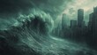 © indyntk - Massive tsunami wave approaching a cityscape with towering water and turbulent seas