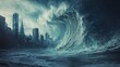 © indyntk - Massive tsunami wave approaching a cityscape with towering water and turbulent seas