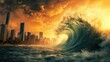 © indyntk - Massive tsunami wave approaching a cityscape with towering water and turbulent seas