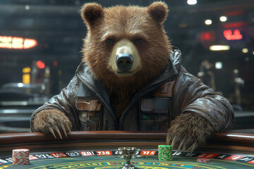 Animal Bear plays poker blackjack in a casino, fantasy