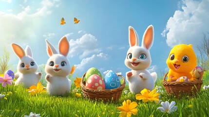 Cartoon bunnies and chicks celebrating Easter with colorful eggs baskets and spring flowers