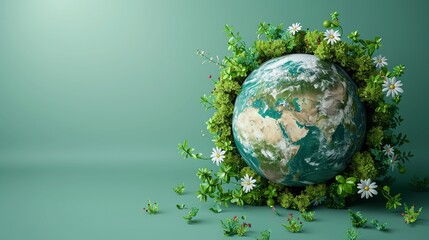 Earth with energyefficient technology and water conservation symbols minimalistic flat green background vector art space for text