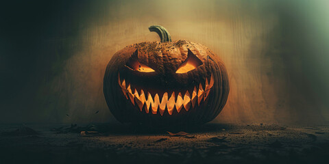 Halloween pumpkin head jack o lantern on dark background with copy space.