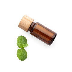 Canvas Print - Bottle of essential oil and mint isolated on white, top view