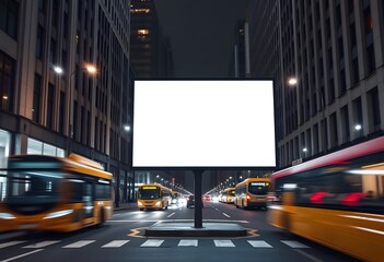 A large blank billboard in the middle of a busy city street at night, surrounded by tall buildings and traffic