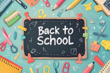 Back to school written with chalk on blackboard vector illustration, isolated form background. Text of back to school on the round paper with multicolored stationery on the wooden table