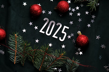 Wall Mural - new year 2025 dark background. number of the coming year in christmas decoration.