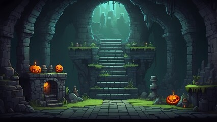 Game assets background RPG Gaming Battle Scene Underground Dungeon in Pixel 8bits 16bits 32 bits