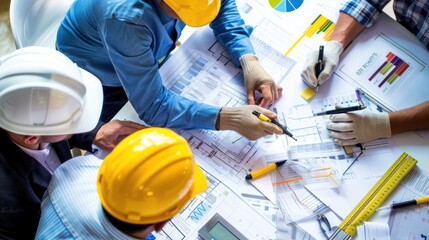 Wall Mural - generate a photo realistic image of a construction project team discussing a budget proposal, with d