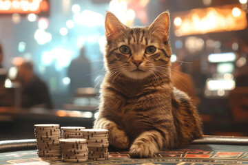 Animal Cat plays poker blackjack in a casino, fantasy