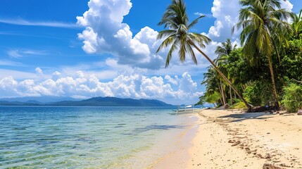 Clear Blue Waters and Lush Palm Trees on Tropical Beach in the Afternoon Sunlight