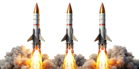 a missile rocket with fire trail isolated on white background.png ai generated