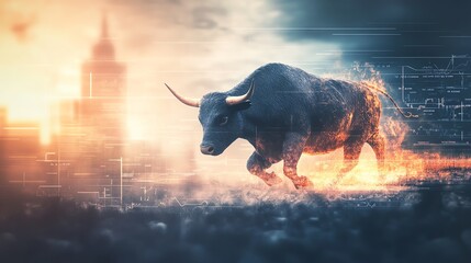 Dynamic bull charging in futuristic cityscape, symbolizing financial strength and growth with technological elements in background.