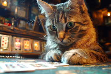 Animal Cat plays poker blackjack in a casino, fantasy