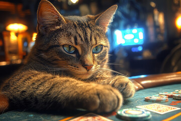 Animal Cat plays poker blackjack in a casino, fantasy