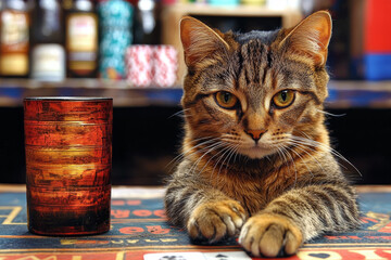 Animal Cat plays poker blackjack in a casino, fantasy