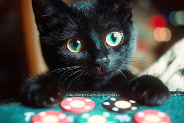 Animal Cat plays poker blackjack in a casino, fantasy