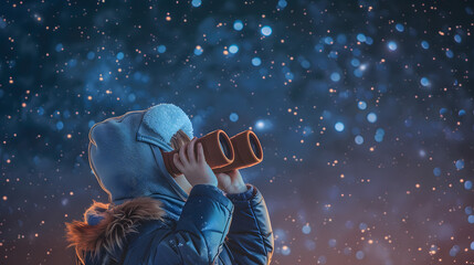 Wall Mural - a photo of a child in explorer gear looking through binoculars under a starry night sky.