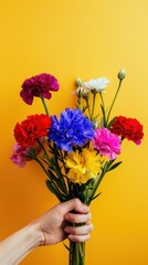 Poster - Hand holding colorful carnations against yellow background.