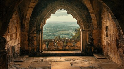 Wall Mural - Charming arched window in an ancient stone building, with intricate details and a breathtaking countryside view.