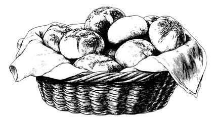 Basket filled with assorted rolls, including whole wheat and sesame, lined with a cloth napkin, vector illustration art