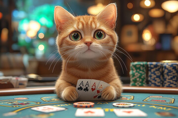 Animal Cat plays poker blackjack in a casino, fantasy