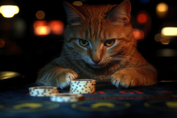 Animal Cat plays poker blackjack in a casino, fantasy