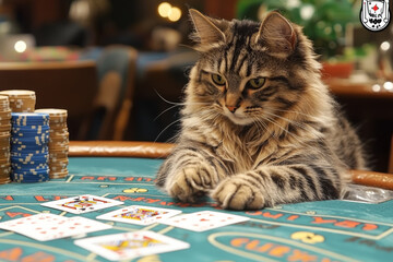 Animal Cat plays poker blackjack in a casino, fantasy