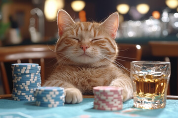 Animal Cat plays poker blackjack in a casino, fantasy