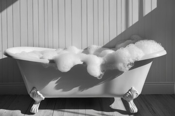 Serene vintage bathtub with overflowing bubbles in monochrome