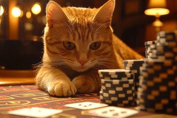 Animal Cat plays poker blackjack in a casino, fantasy