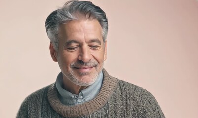 Wall Mural - medium shot portrait of a Israeli man in his 50s wearing a chic cardigan against a pastel or soft colors background