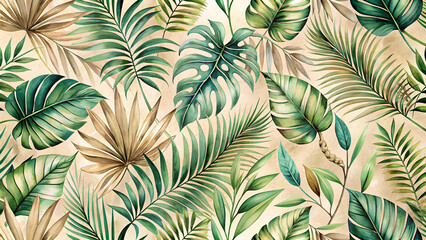 Tropical design - watercolor composition of exotic leaves with a palm branch.
