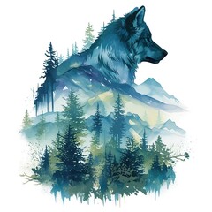 Wall Mural - Double exposure of wolf silhouette and forest landscape with mountains