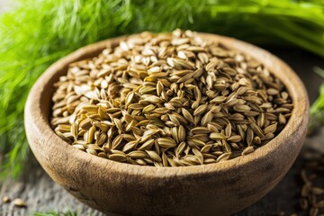 Wall Mural - Fresh fennel seeds in wooden bowl on rustic table