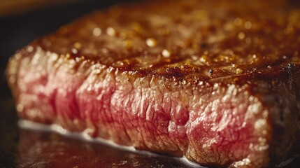 Wall Mural - Close-up shot of a seared steak with a beautifully browned crust, showcasing the succulent, juicy meat.