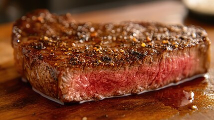 Wall Mural - Close-up shot of a seared steak with a beautifully browned crust, showcasing the succulent, juicy meat.