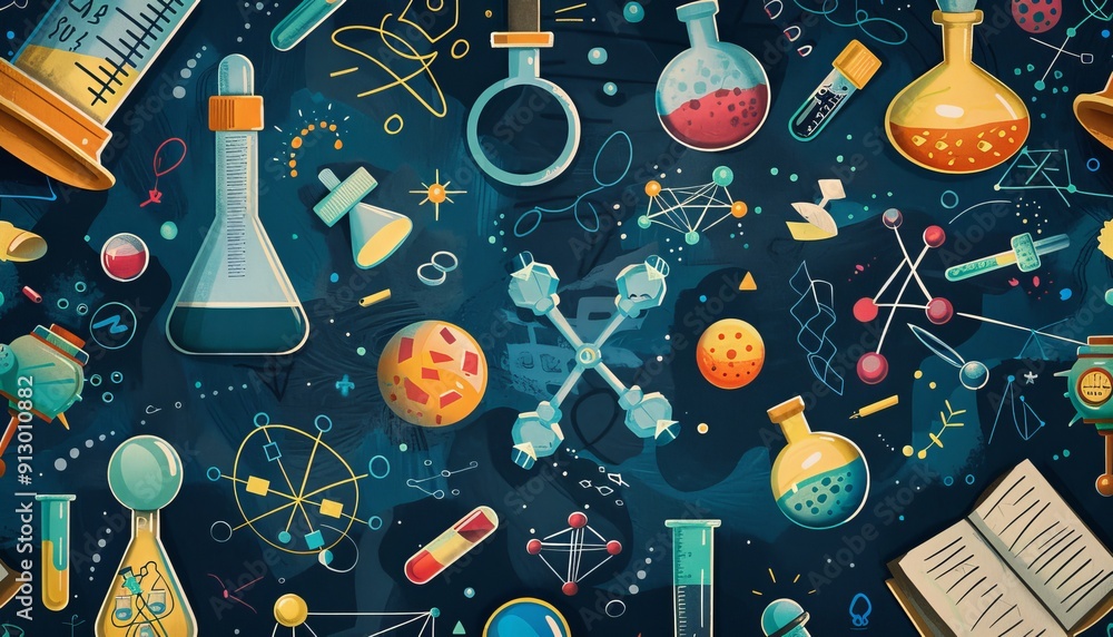 Standard Science Backround Flat background featuring symbols of science like beakers, test tubes ...