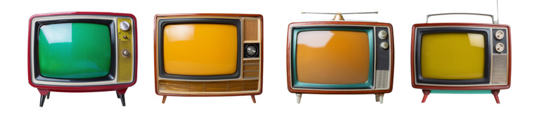 A collection of vintage televisions showcasing retro design and vibrant colors, perfect for nostalgic themes and creative projects.