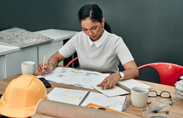 Poster - Writing, architecture and woman at desk with blueprint, busy or project management in creative development. Drawing, notebook and designer in office for idea, civil engineering and planning notes