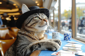 Animal Cat plays poker blackjack in a casino, fantasy