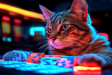 Animal Cat plays poker blackjack in a casino, fantasy