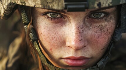 Portrait of a woman at war. Female soldier face portrait, close up. Military news banner generated by AI