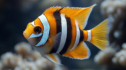 Various depictions of tropical fish with white and gold stripes, highlighting exotic marine life, isolated on transparent background, Generative AI