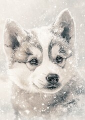 A charming, fluffy puppy in a snowy landscape, radiating warmth and innocence.