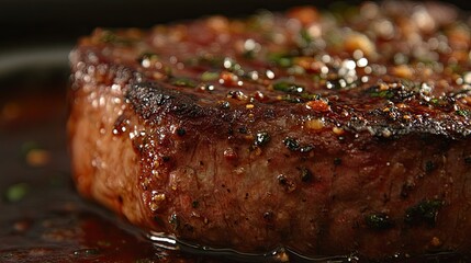 Mouth-watering close-up of a seared steak, emphasizing the rich, flavorful crust and tender interior.