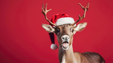 Wall Mural - A deer with a red background and a red hat on its head