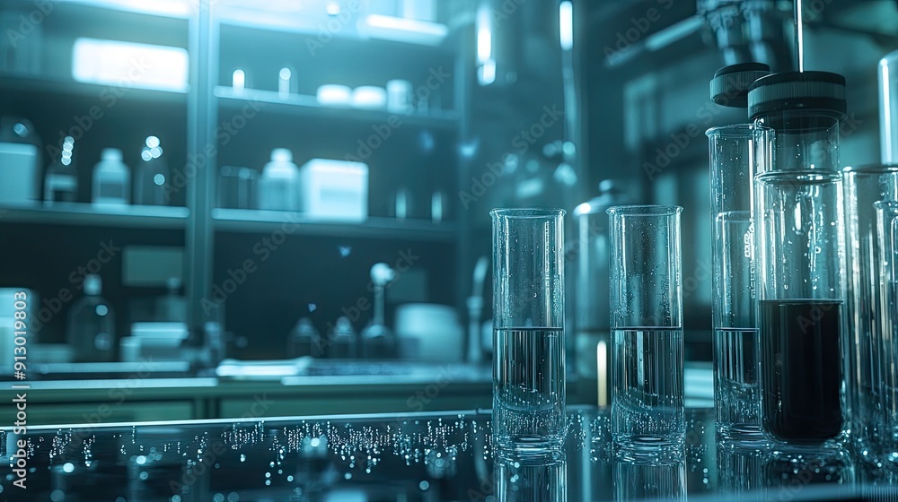 Science laboratory with an array of empty test tubes and chemical ...