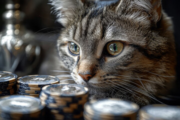 Animal Cat plays poker blackjack in a casino, fantasy